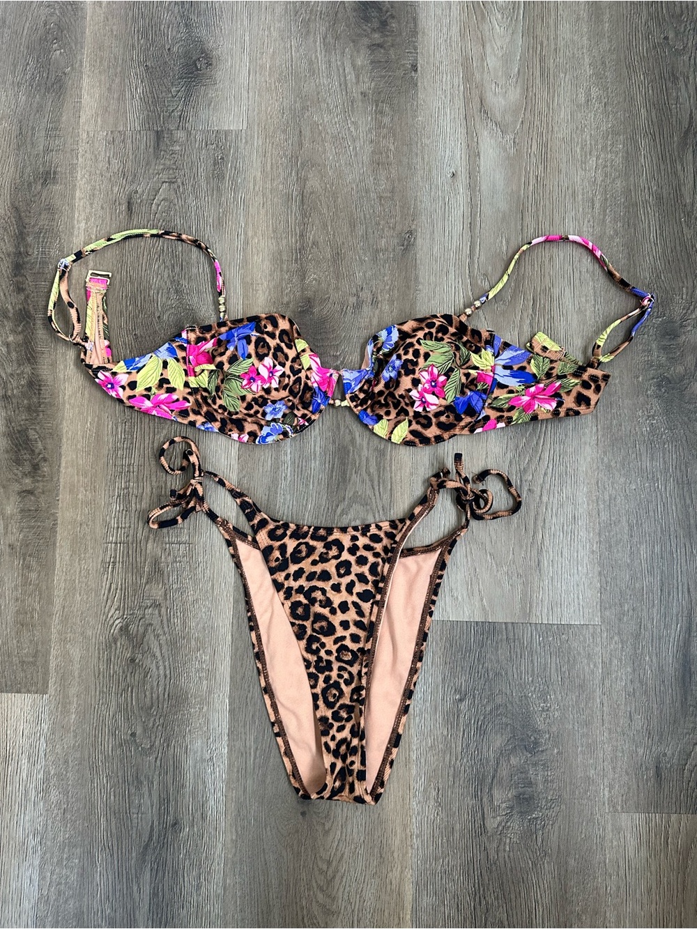 Wild Fable Leopard Print Bikini with Pink, Blue & Green Floral Accents